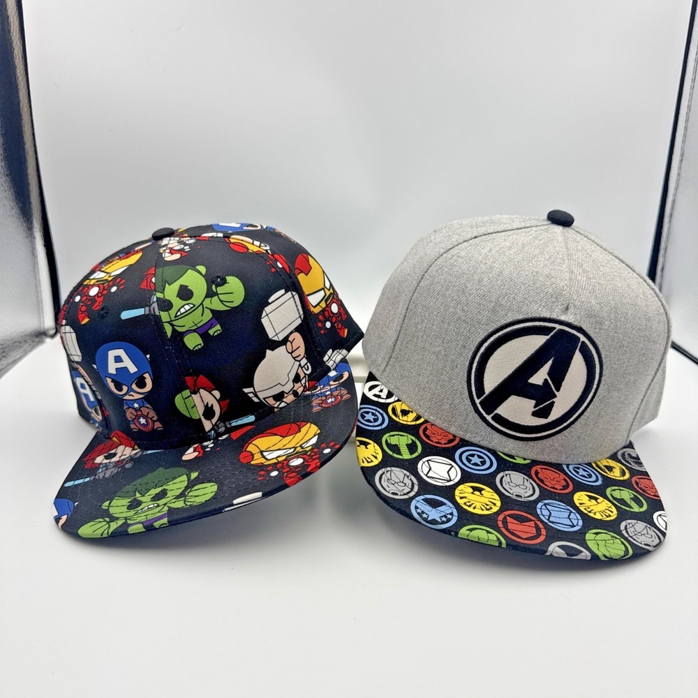 Lot Of 2 Marvel Hat‎ Cap Logo Avengers Embroidered Snapback Flat Bill Characters